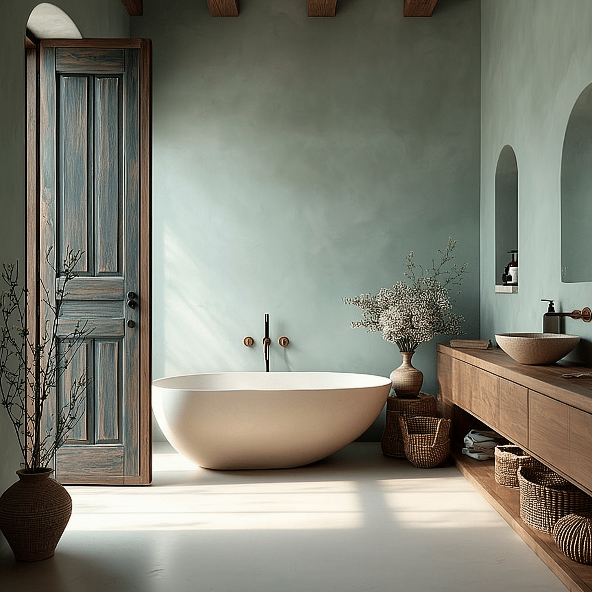 Bồn tắm Solid Surface freestanding trong phòng tắm Địa Trung Hải wabi-sabi, tường teal trầm, cửa gỗ lớn, giỏ cói và ánh sáng tự nhiên.