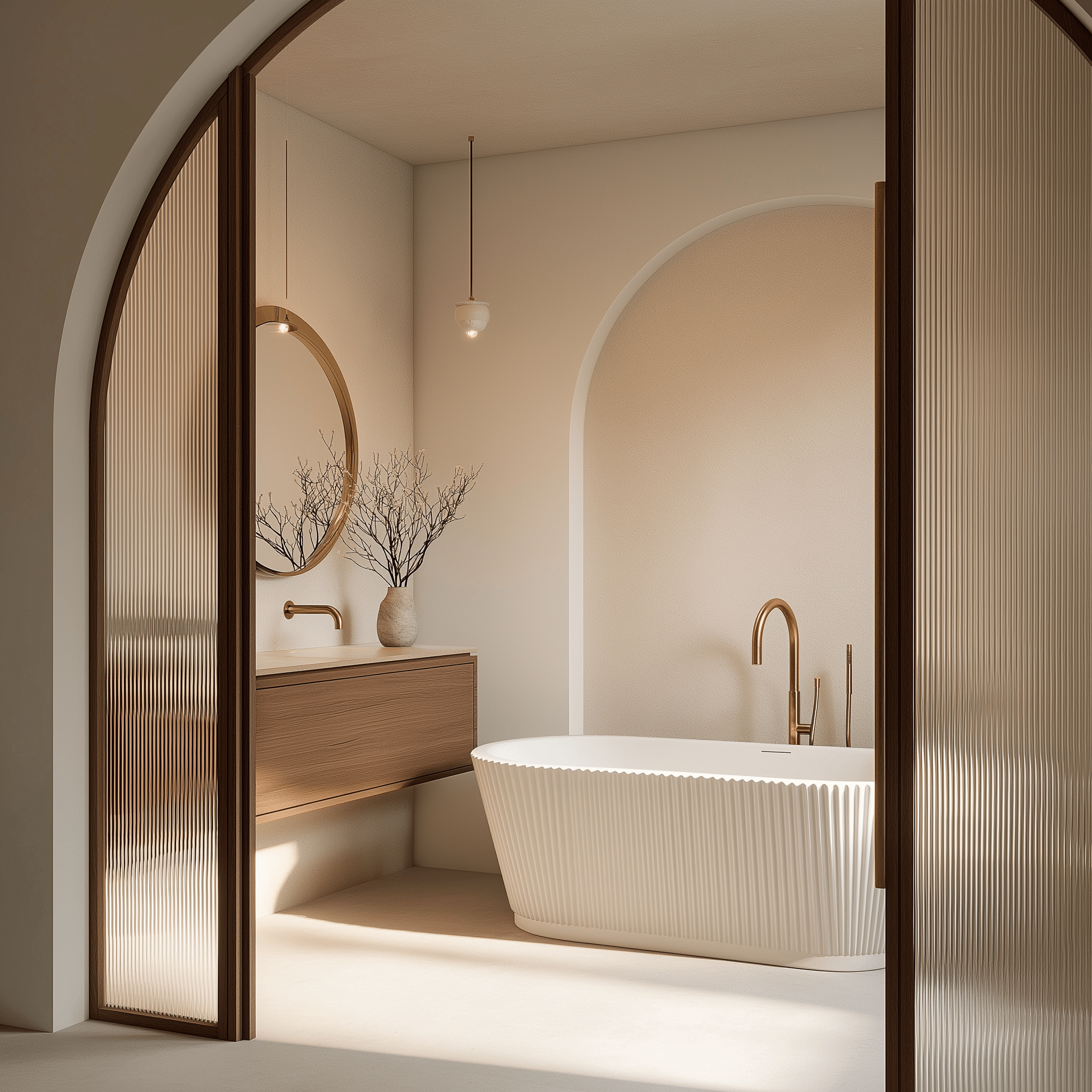 Phòng tắm phong cách Địa Trung Hải sang trọng với bồn tắm freestanding solid surface trắng mờ, cửa kính vòm, tường be ấm và ánh sáng tự nhiên thư giãn.