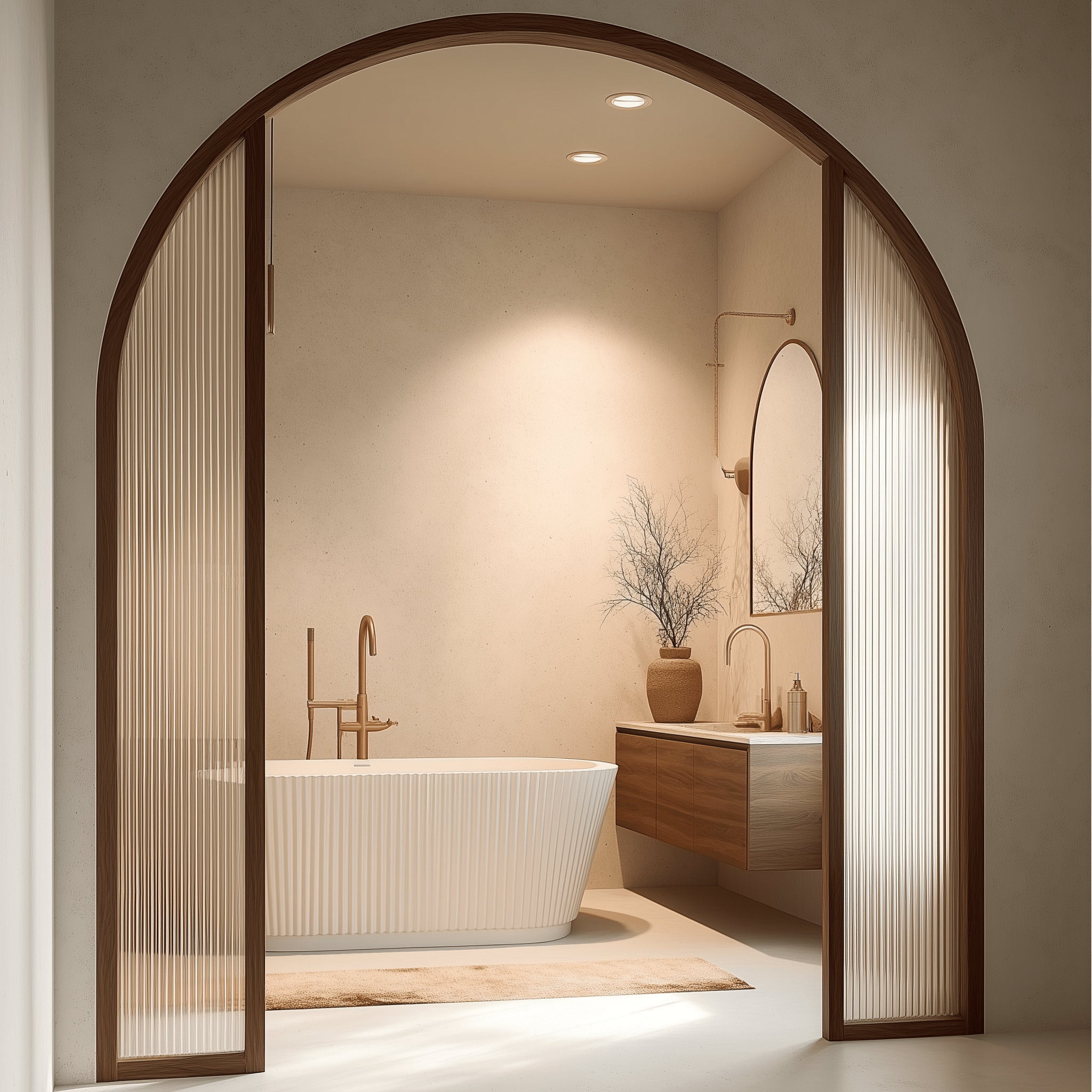 Phòng tắm phong cách Địa Trung Hải sang trọng với bồn tắm freestanding solid surface, hoàn thiện trắng mờ, cửa kính vòm và tường trát vữa màu be ấm.