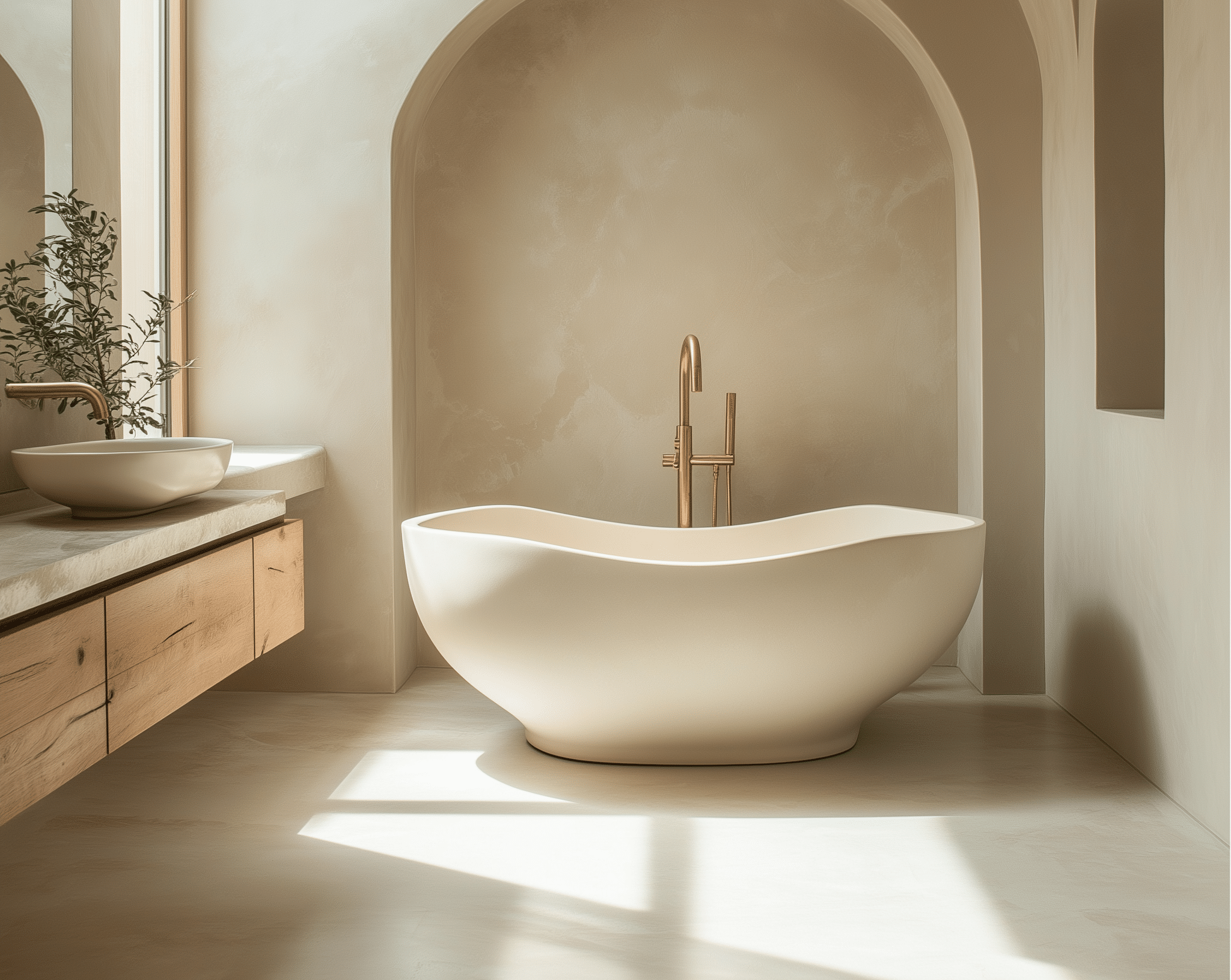 Bồn tắm freestanding solid surface dáng oval mềm mại, màu trắng mờ, thiết kế sang trọng cho phòng tắm cao cấp