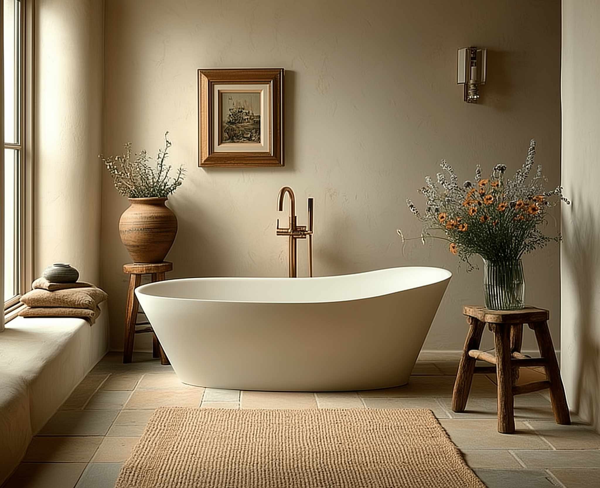 Bồn tắm freestanding solid surface màu trắng mờ, thiết kế tối giản sang trọng cho phòng tắm cao cấp