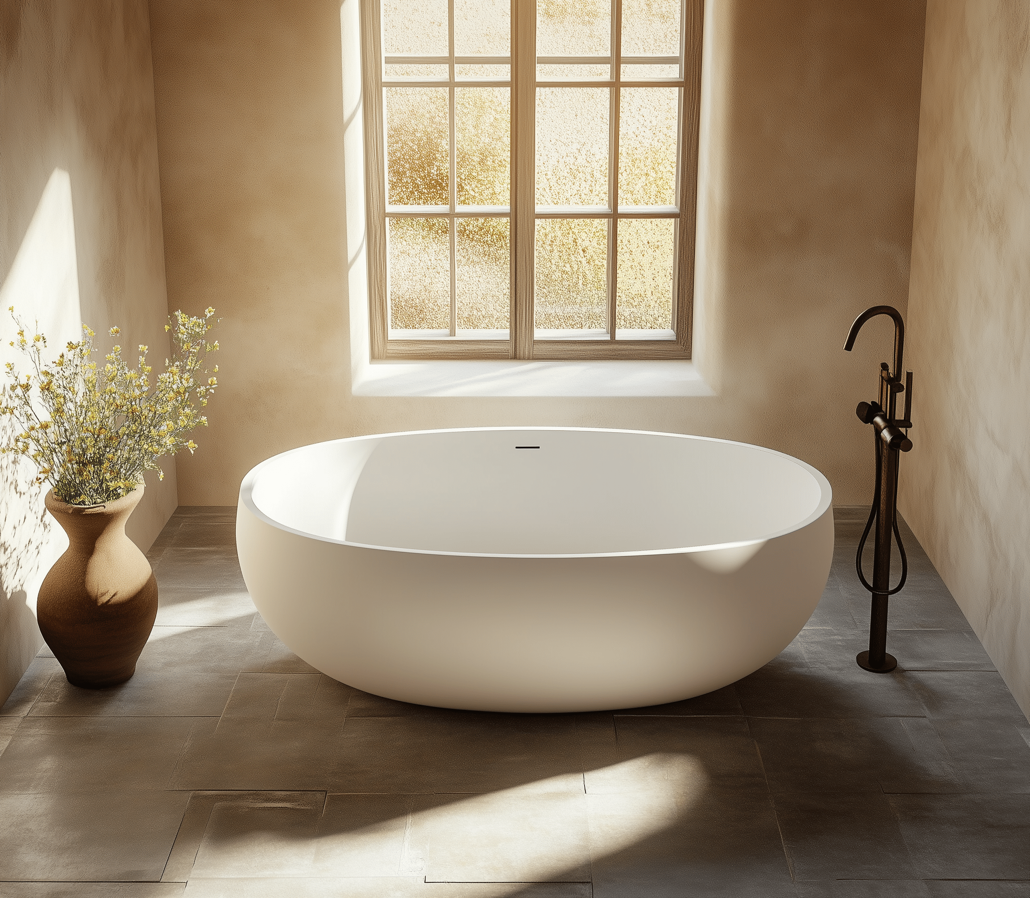 Bồn tắm tròn freestanding solid surface màu trắng mờ, thiết kế tối giản hiện đại cho phòng tắm cao cấp