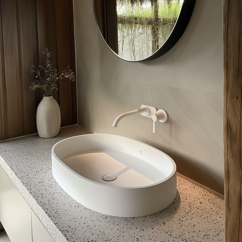 Chậu rửa mặt DRS112 màu trắng mờ, thiết kế oval hiện đại, đặt trên mặt đá terrazzo.