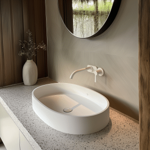 Chậu rửa mặt DRS112 màu trắng mờ, thiết kế oval hiện đại, đặt trên mặt đá terrazzo.