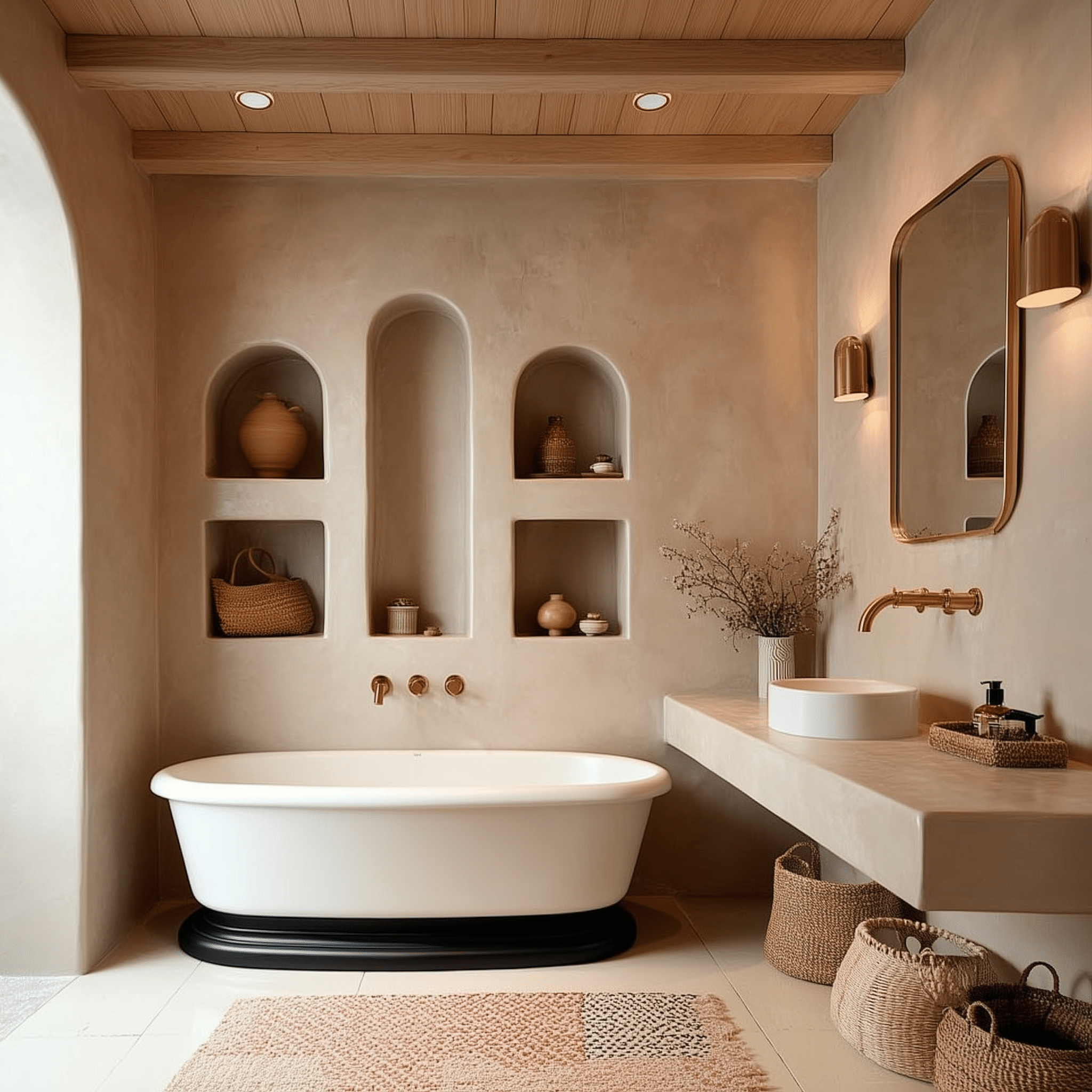 Bồn tắm freestanding Daro – hài hòa cùng lavabo đá và nội thất gốm mộc