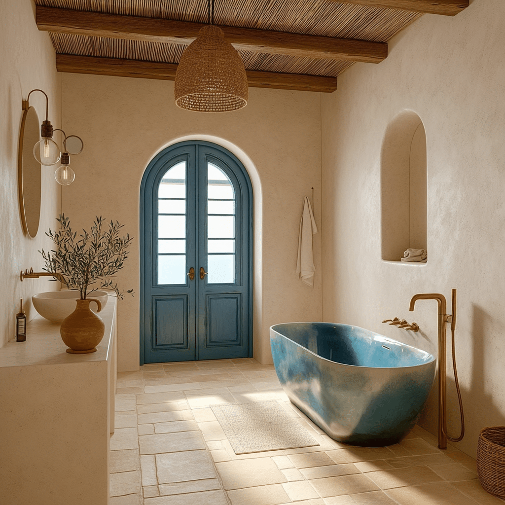 Bồn tắm freestanding xanh ombre kết hợp tường trắng và trần gỗ phong cách Mediterranean