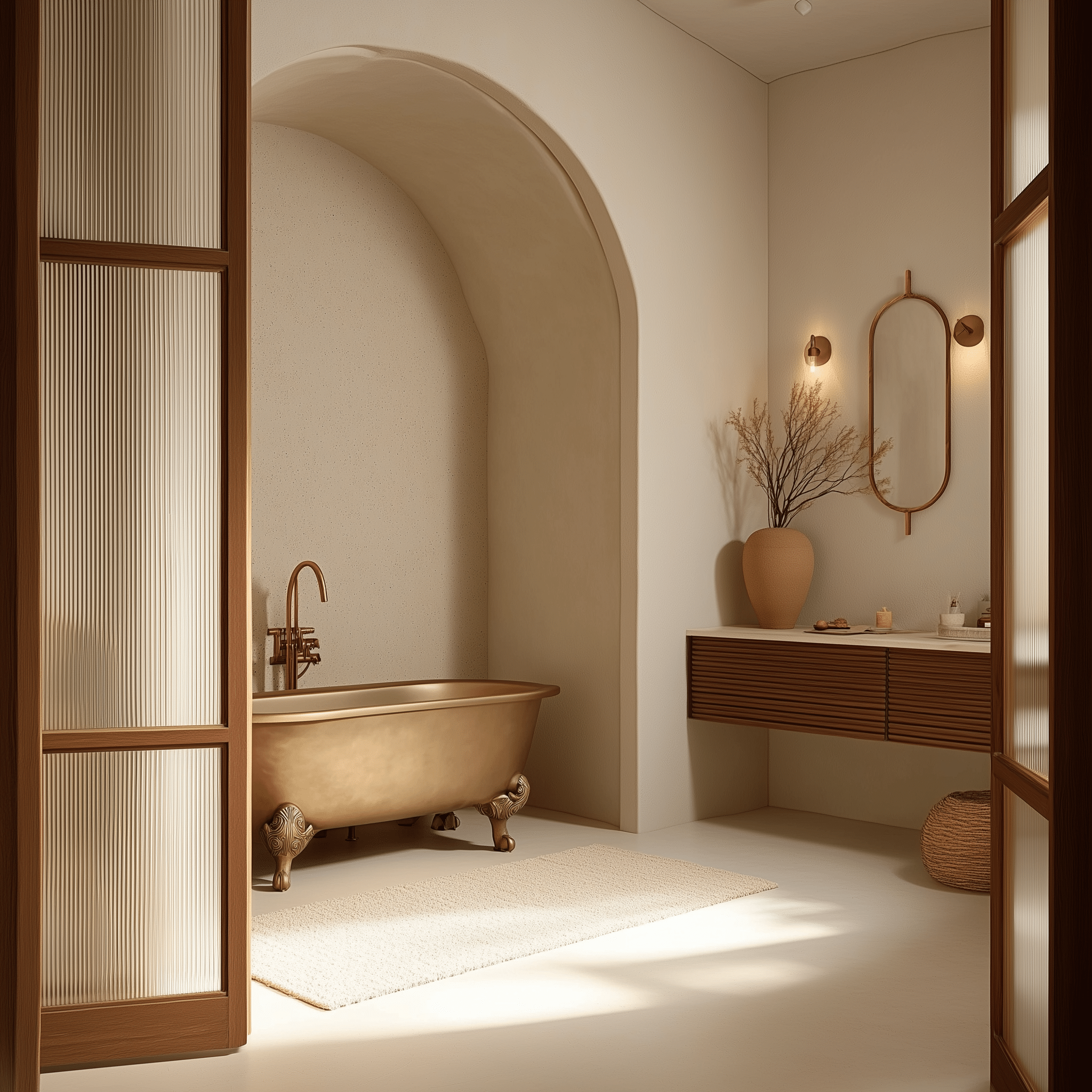Bồn tắm freestanding Daro màu trắng đế đen trong phòng tắm phong cách wabi-sabi với cửa vòm Địa Trung Hải.