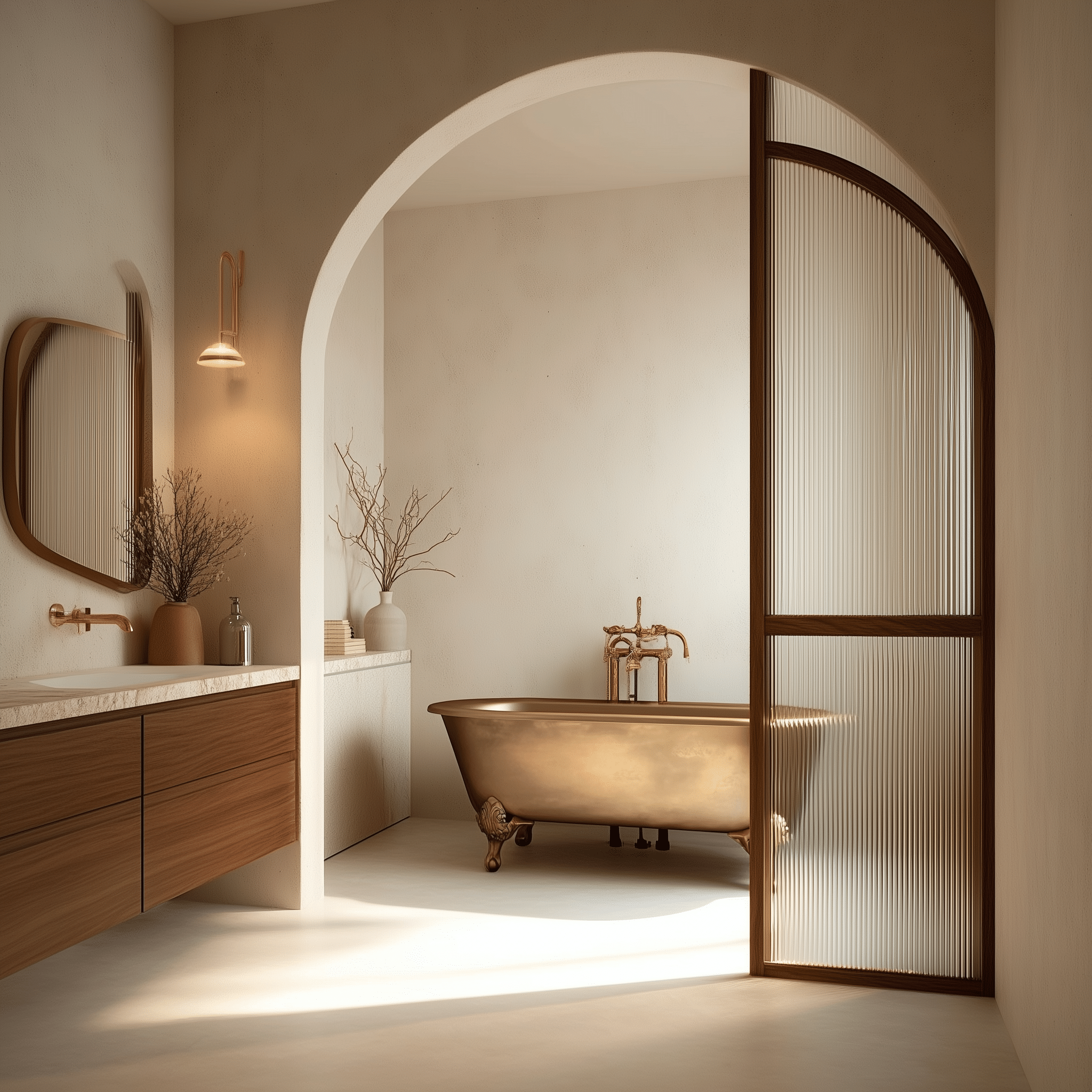 Bồn tắm Daro freestanding thân trắng đế đen đặt cạnh vanity gỗ trong phòng tắm tối giản