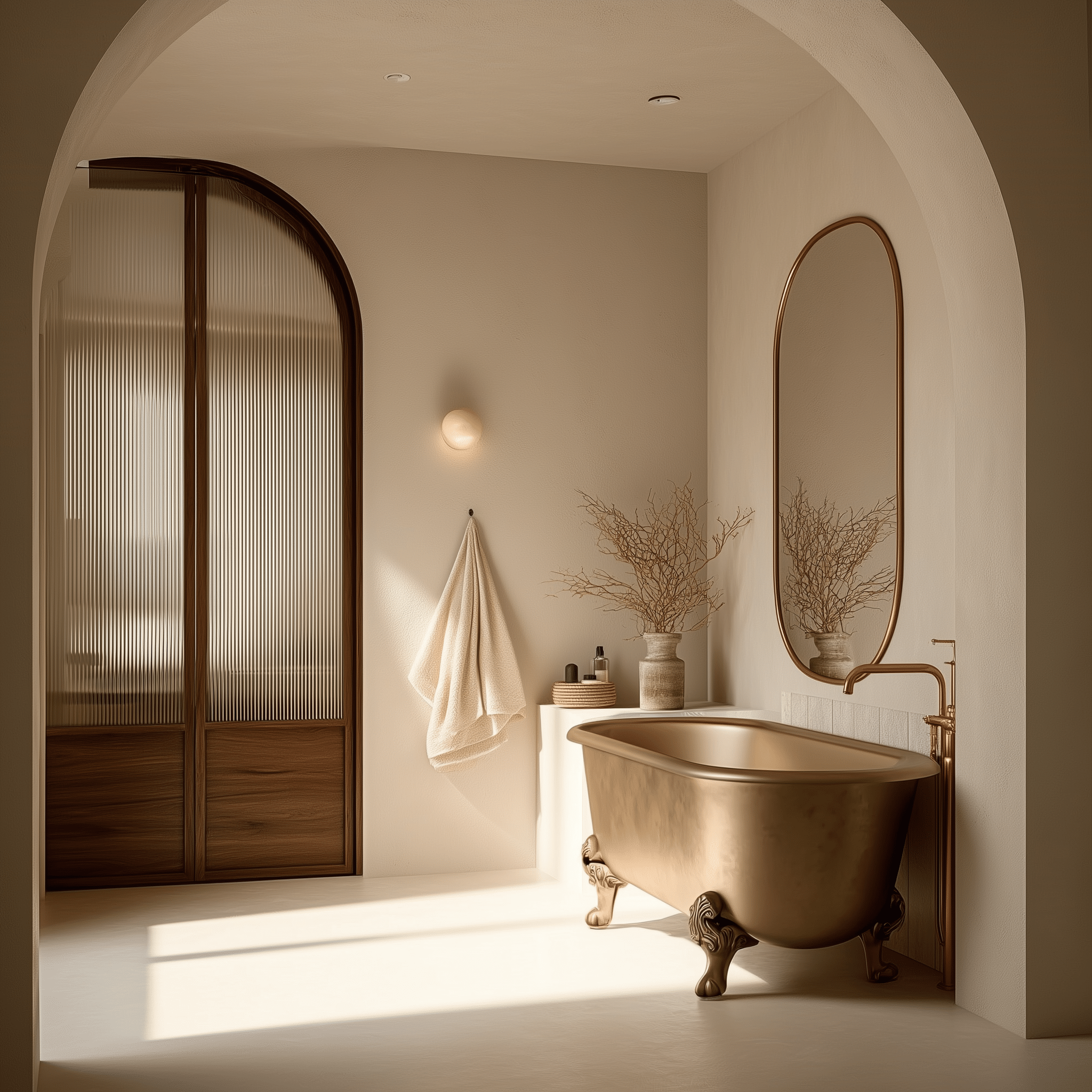 Phòng tắm Mediterranean với bồn tắm Daro freestanding và ánh sáng vàng ấm áp