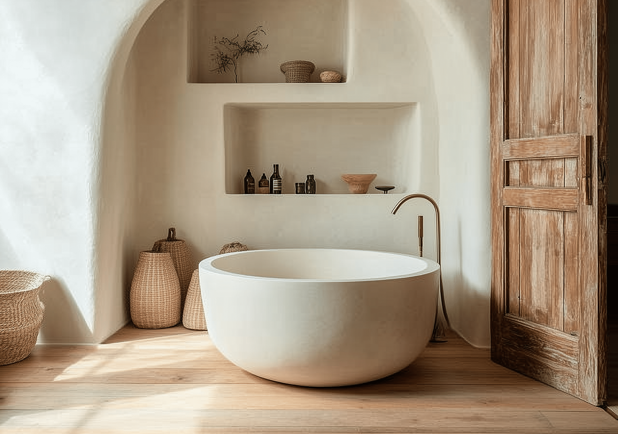 Freestanding round solid surface bathtub DR33, deep bowl design, thick rounded edges, smooth matte ivory white finish, minimalistic modern style.