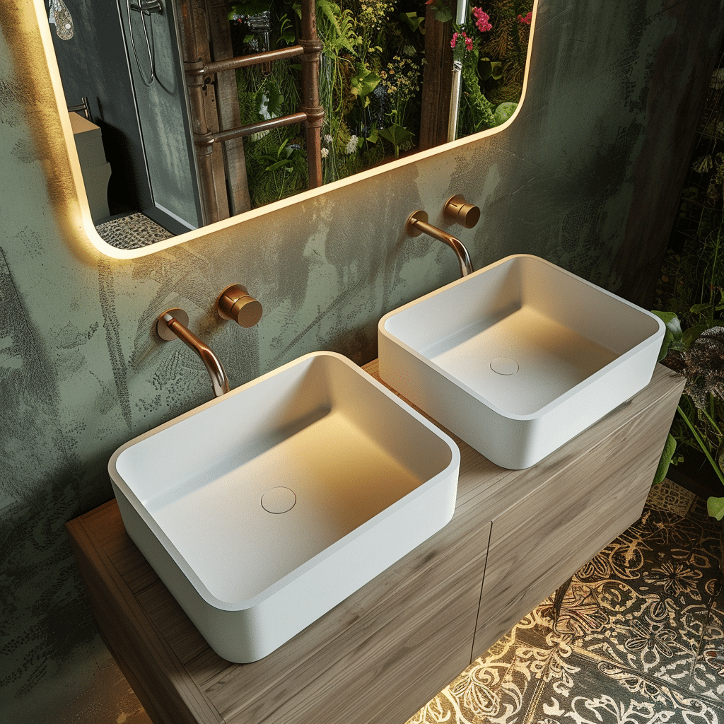 Solid surface vessel sink DRS130 in warm indoor lighting – modern double wash basins on wooden vanity