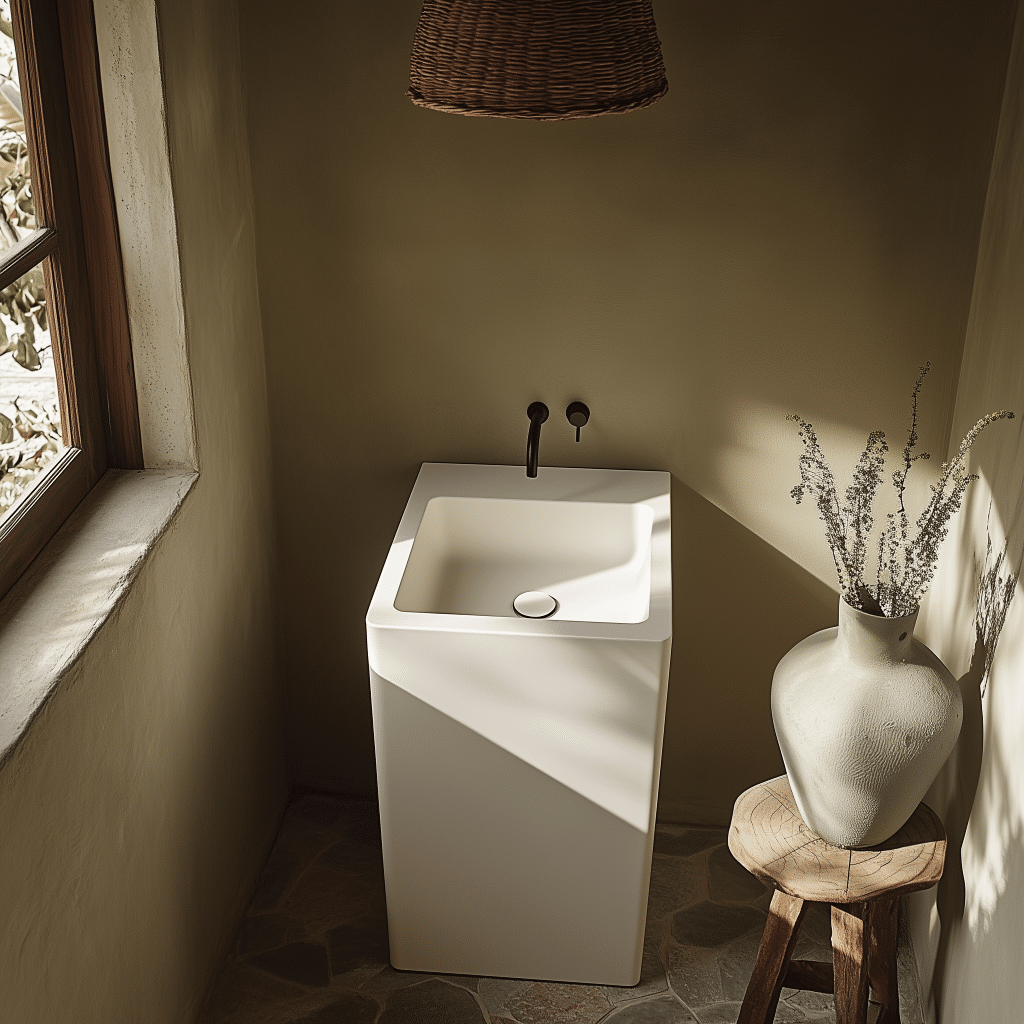 Lavabo đứng freestanding dạng cột vuông bằng đá nhân tạo solid surface, màu trắng mờ sang trọng