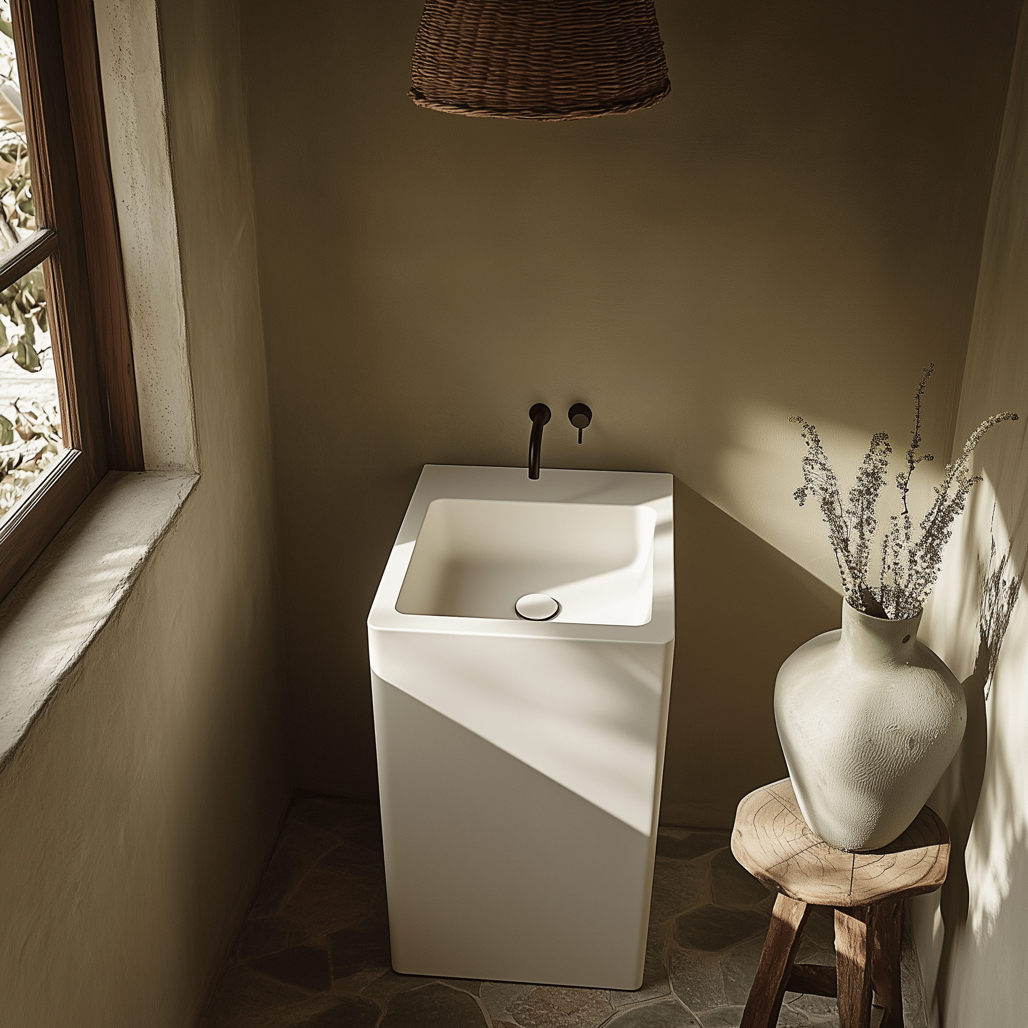 Lavabo đứng freestanding dạng cột vuông bằng đá nhân tạo solid surface, màu trắng mờ sang trọng