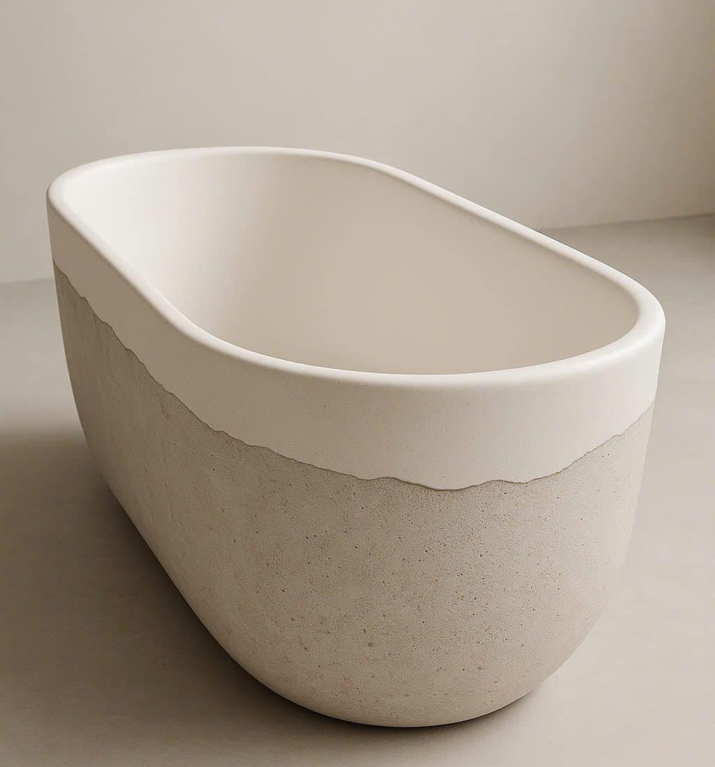 Bồn tắm cao cấp đá nhân tạo solid surface màu be, thiết kế lượn sóng độc đáo – phù hợp không gian spa, resort và biệt thự sang trọng.