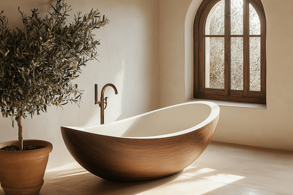 Bồn tắm DRARTISAN solid surface trắng ngà kết hợp hiệu ứng vân gỗ, thiết kế freestanding dáng nửa quả dừa, sang trọng và độc đáo trong không gian phòng tắm cao cấp.