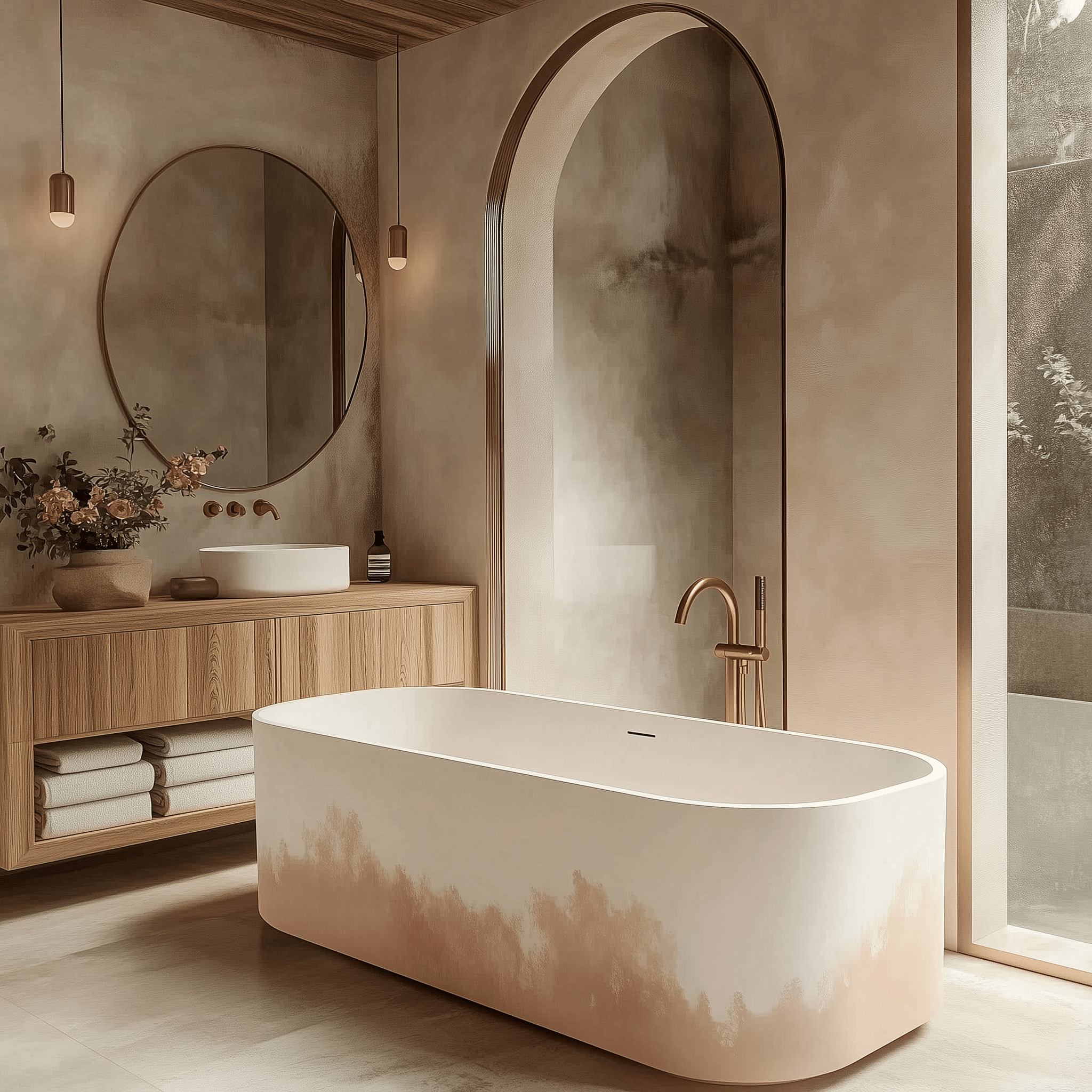 Bồn tắm solid surface DR23T màu ombre hồng kết hợp trắng kem, kiểu dáng freestanding hiện đại, sang trọng trong không gian phòng tắm cao cấp.