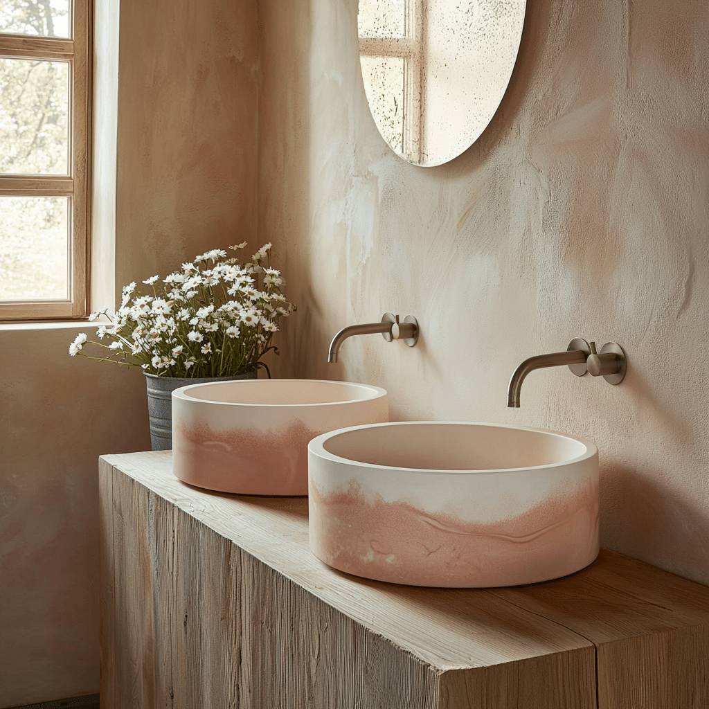 Chậu rửa mặt DRS121 bằng đá nhân tạo solid surface màu hồng pastel, thiết kế tối giản, đặt đôi trên bàn gỗ trong phòng tắm hiện đại.