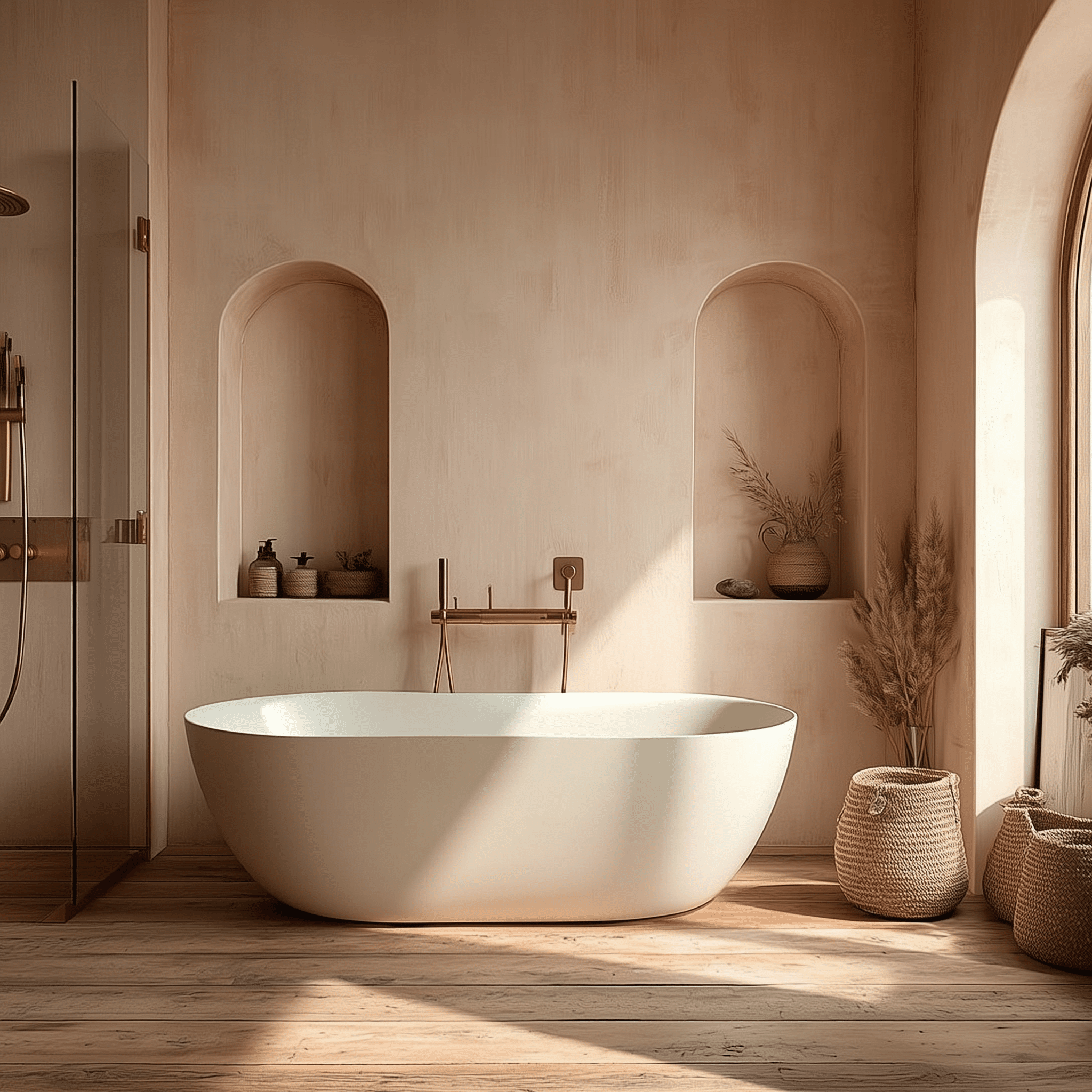 Minimalist elongated oval freestanding solid surface bathtub with soft rounded edges in modern Mediterranean bathroom.