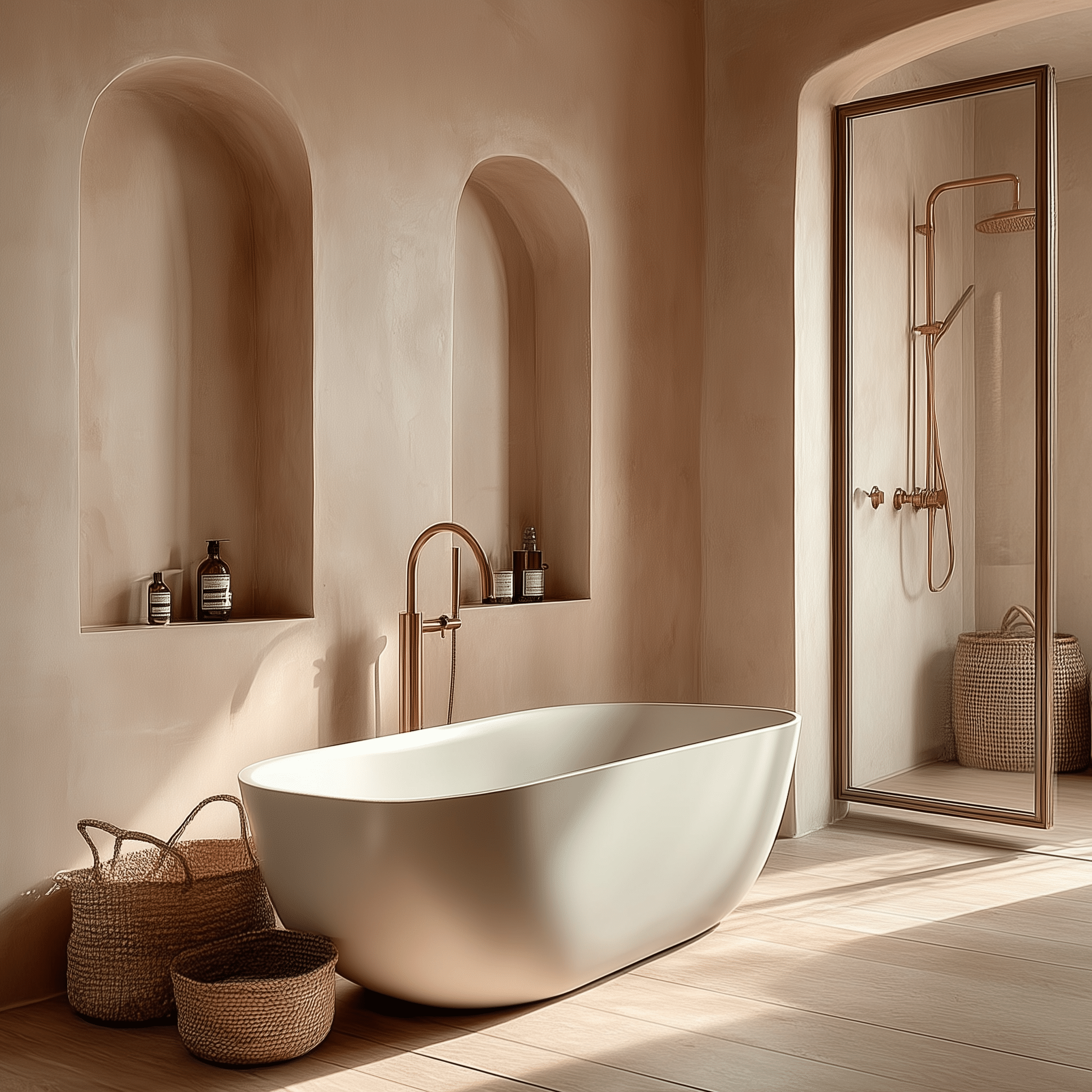Freestanding solid surface bathtub in elongated oval shape, placed in Mediterranean wabi-sabi bathroom with plaster walls and soft daylight.