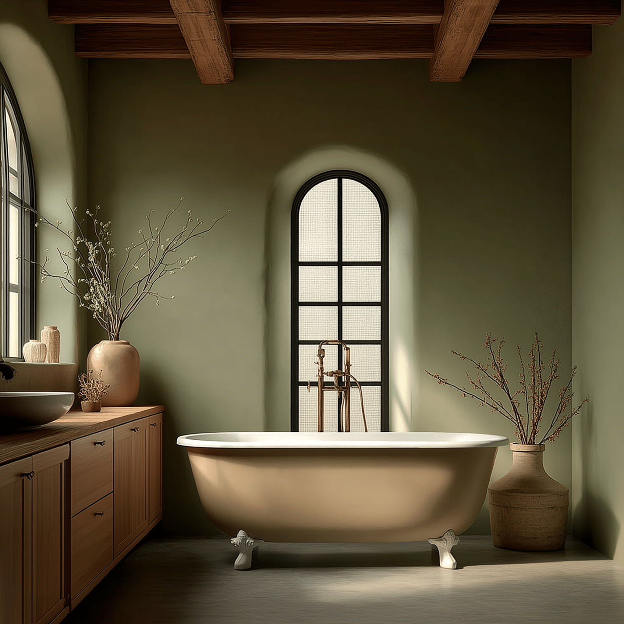 Freestanding solid surface beige bathtub with minimalist design, luxury style.