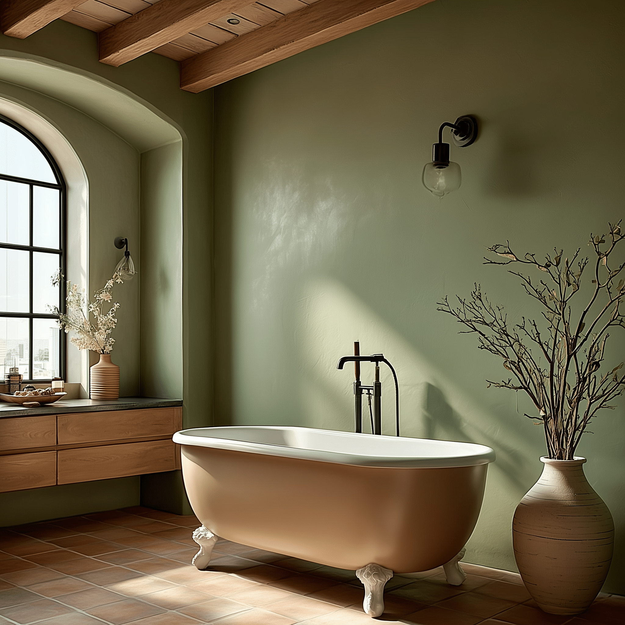Beige freestanding bathtub with wooden interior design, minimalist warm style.