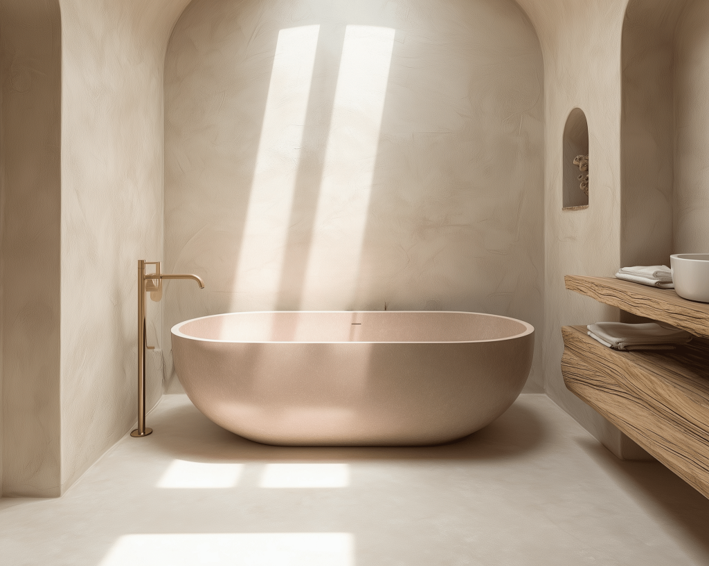 Bồn tắm freestanding solid surface màu terracotta hồng phấn, thiết kế tối giản hiện đại cho phòng tắm cao cấp