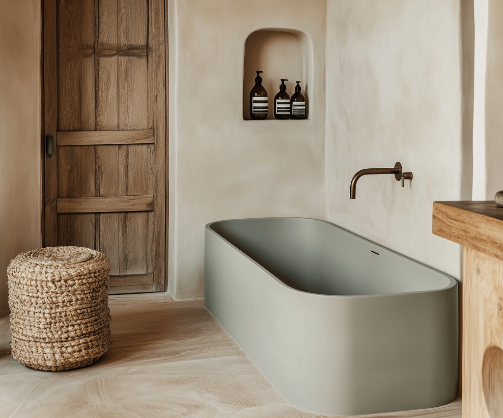 Bồn tắm freestanding solid surface màu xanh olive, thiết kế tối giản sang trọng cho phòng tắm cao cấp
