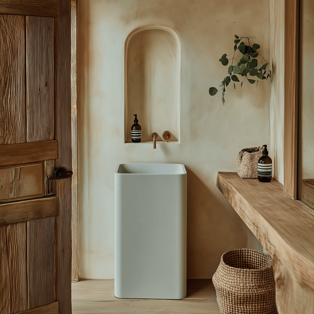 Lavabo đứng dạng cột vuông cao bằng đá nhân tạo solid surface, màu trắng mờ hiện đại, sang trọng