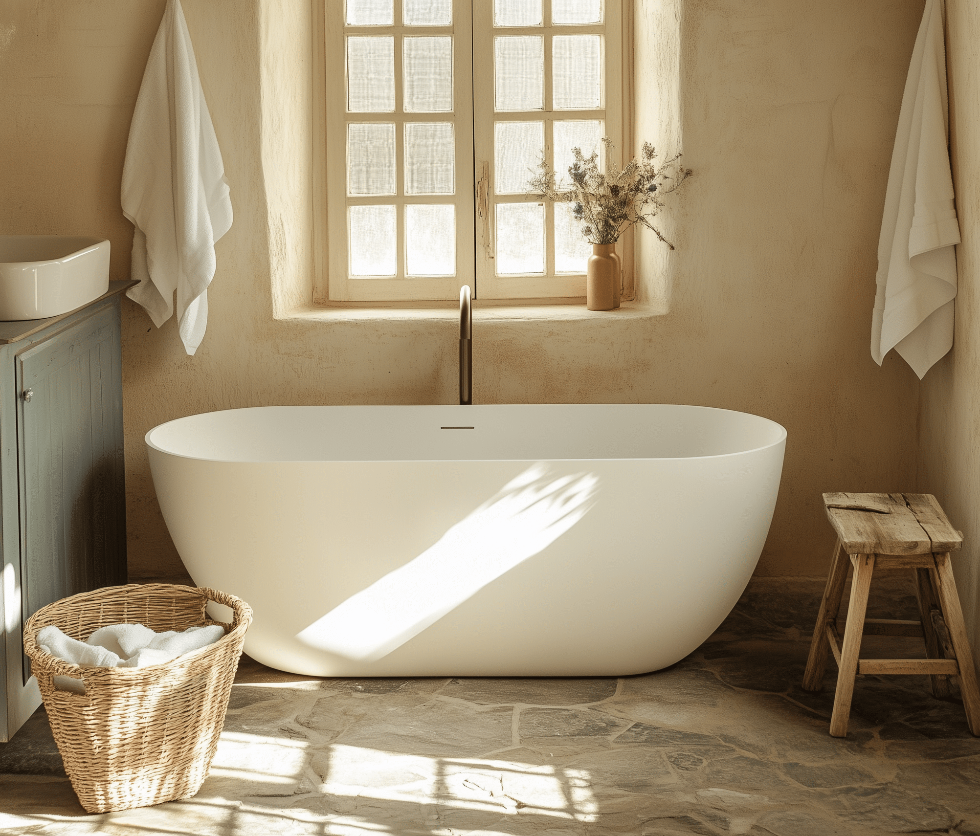 Bồn tắm freestanding solid surface màu trắng mờ, thiết kế tối giản hiện đại của Daro