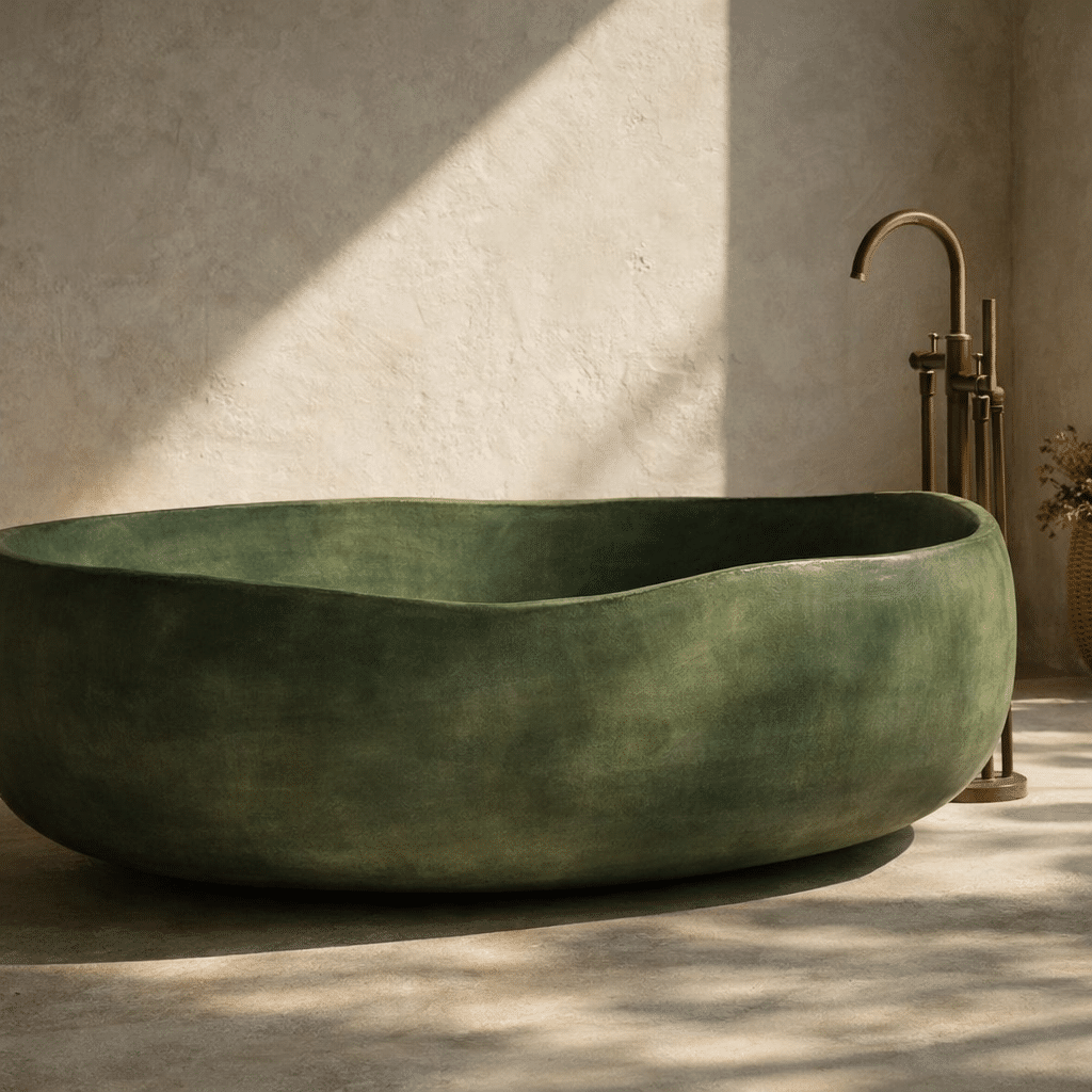 Bồn tắm đá nhân tạo solid surface màu olive stone trong không gian phòng tắm cao cấp, thiết kế bo tròn tự nhiên, sang trọng và tinh tế.