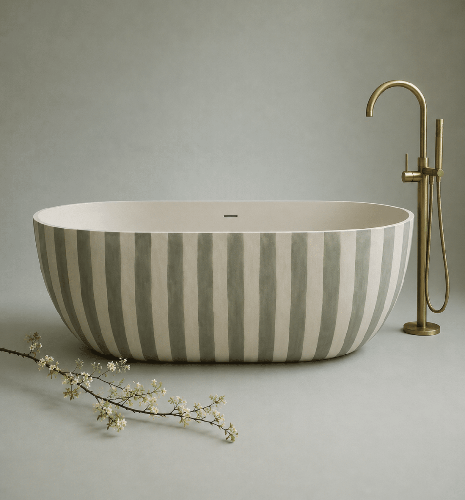 Bồn tắm Solid Surface Striped Harmony của DARO với họa tiết sọc xanh sage và kem ngà