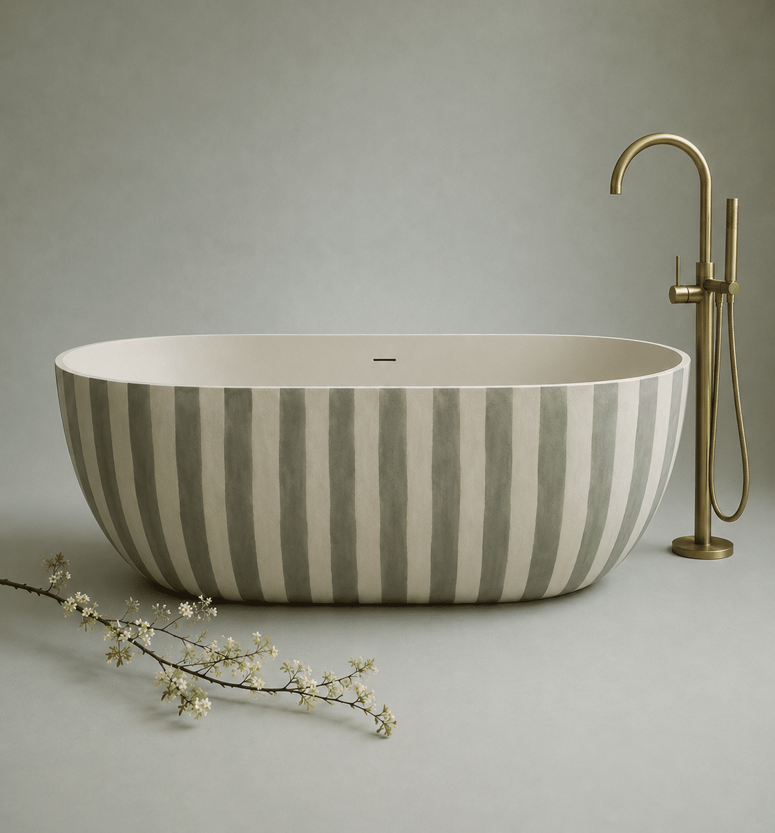 Bồn tắm Solid Surface Striped Harmony của DARO với họa tiết sọc xanh sage và kem ngà