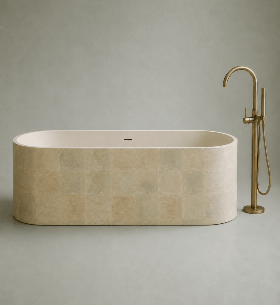 Bồn tắm Solid Surface Mosaic Haze Collection của DARO với bề mặt màu loang kem, be và xanh xám
