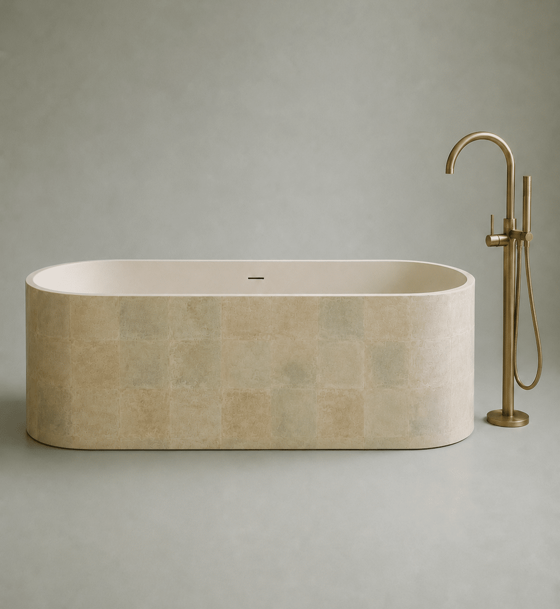 Bồn tắm Solid Surface Mosaic Haze Collection của DARO với bề mặt màu loang kem, be và xanh xám