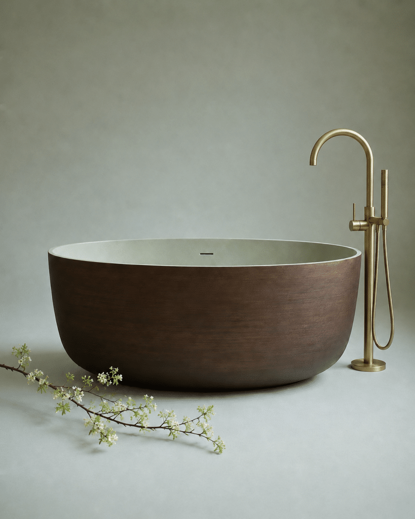Bồn tắm tròn Solid Surface Wood Vein Ritual của DARO với thân vân gỗ nâu đậm và lòng xanh sage