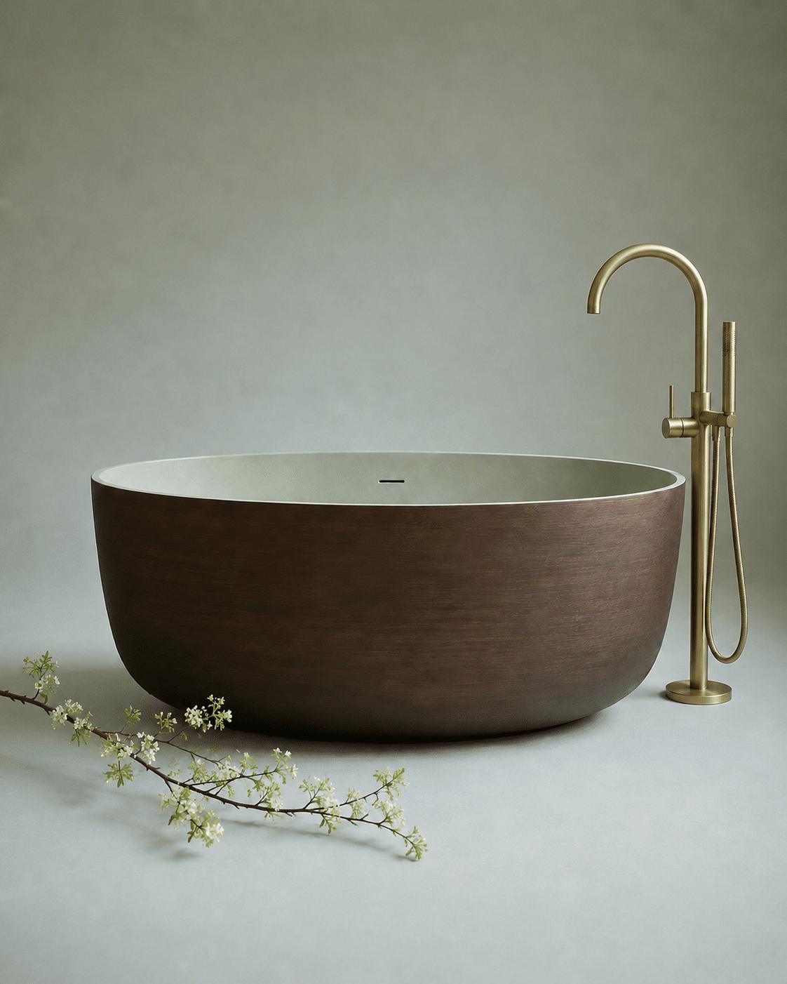 Bồn tắm tròn Solid Surface Wood Vein Ritual của DARO với thân vân gỗ nâu đậm và lòng xanh sage